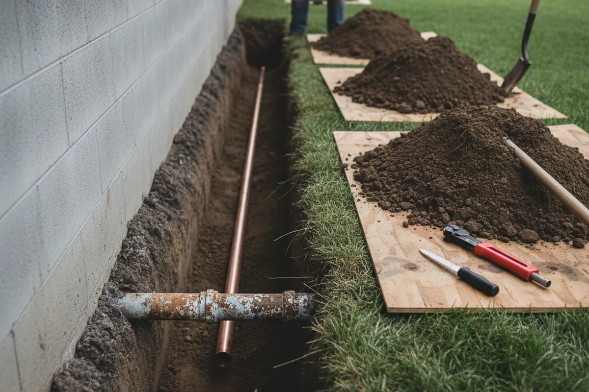 Excavated water line trench during Water Softener Installation in Holderness